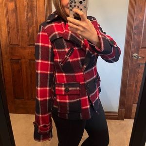 American Eagle Red and Blue Plaid Peacoat